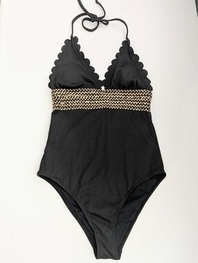 NWT Womens (S) Black One-Piece Swimsuit w/Gold Accents & Scalloped Halter Top